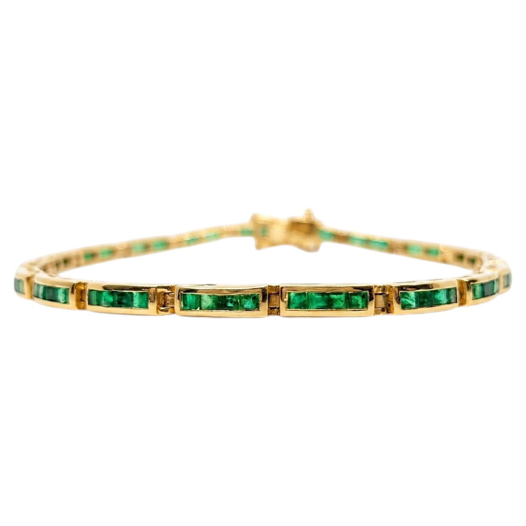 14K Yellow Gold 3.30 Carat Natural Emerald Channel Set Link Bracelet For Women
