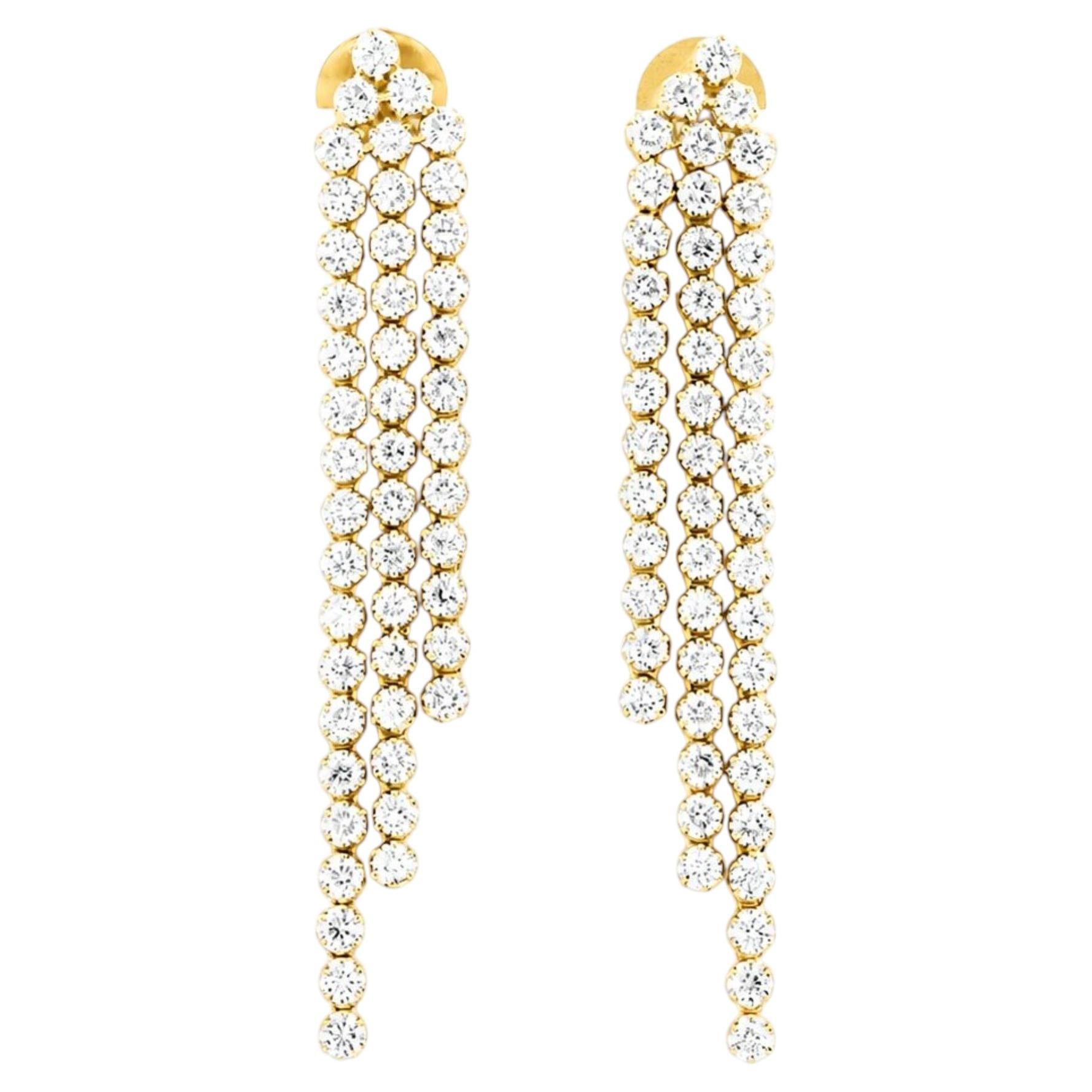 14K Yellow Gold 3.31 Cts Round Natural Diamond Double-Line Chain Earrings