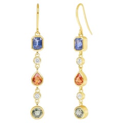 14K Yellow Gold 3.33 CT Multicolor Sapphires and 0.20 CT Diamond Dangle Earrings