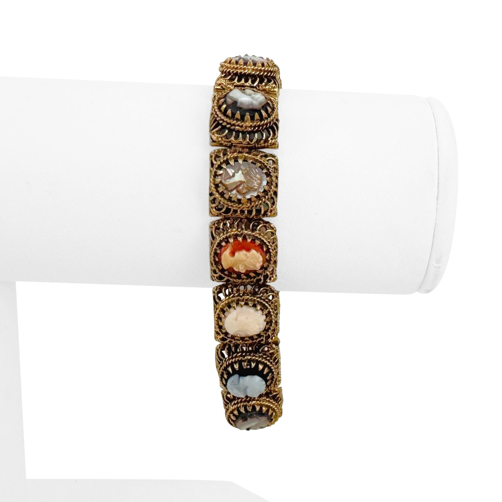 14k Yellow Gold 33.7g Solid Heavy Vintage Cameo Link Bracelet 7.25