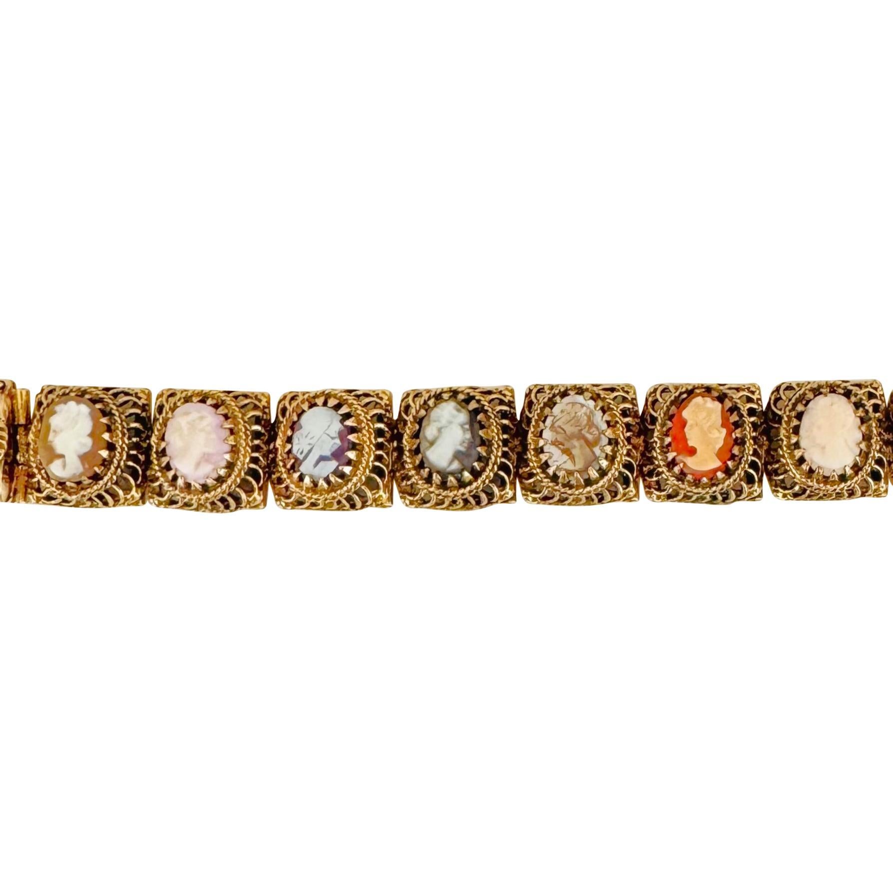 14k Yellow Gold 33.7g Solid Heavy Vintage Cameo Link Bracelet 7.25