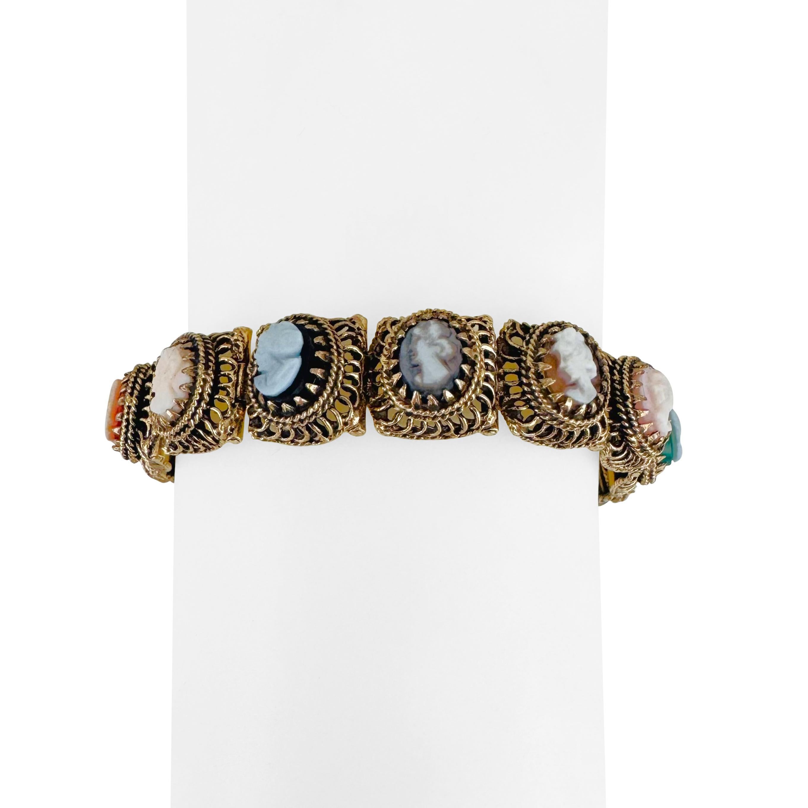 14k Yellow Gold 33.7g Solid Heavy Vintage Cameo Link Bracelet 7.25