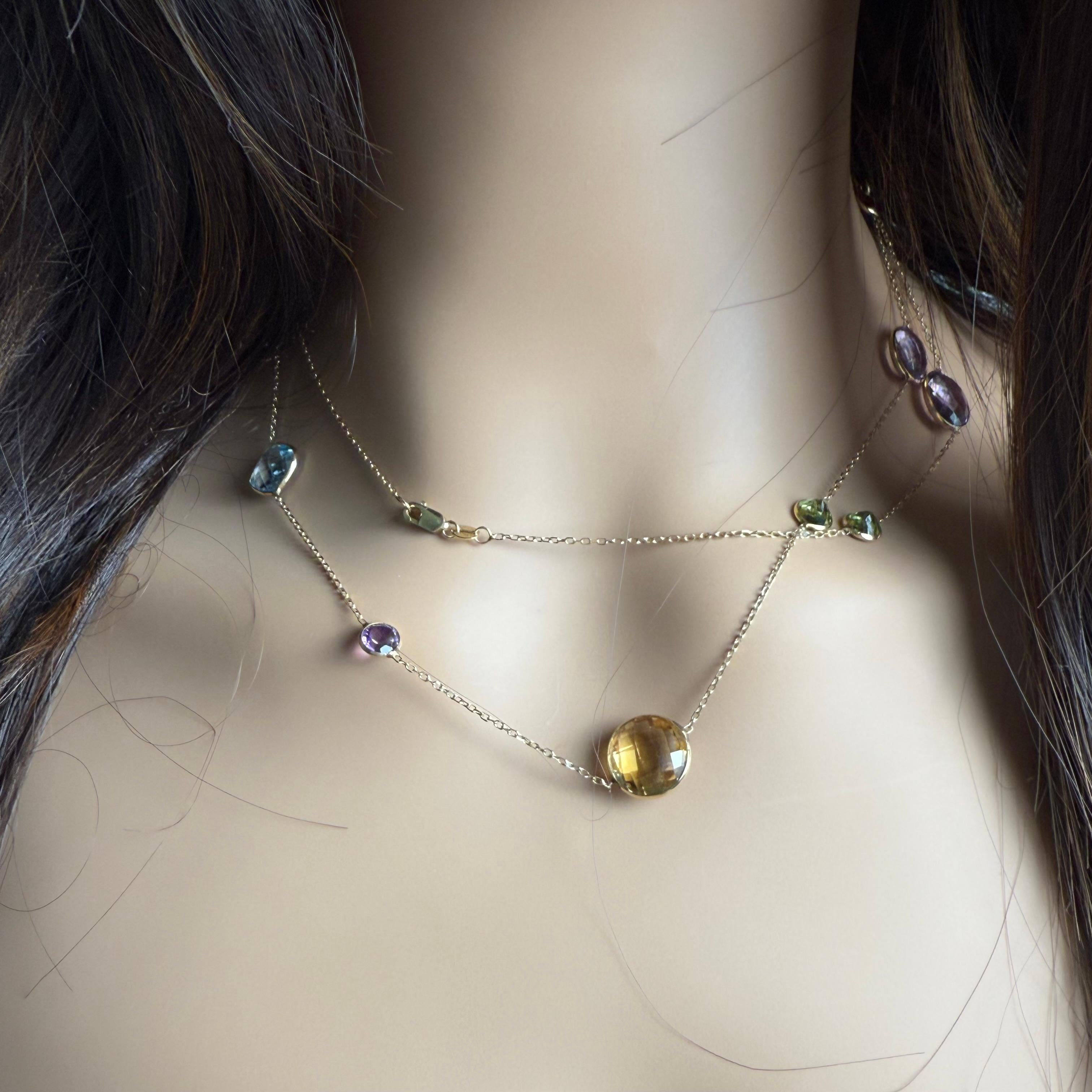 14K Yellow Gold 34 Inch Long Multi Gem-Set Station Necklace For Sale 4