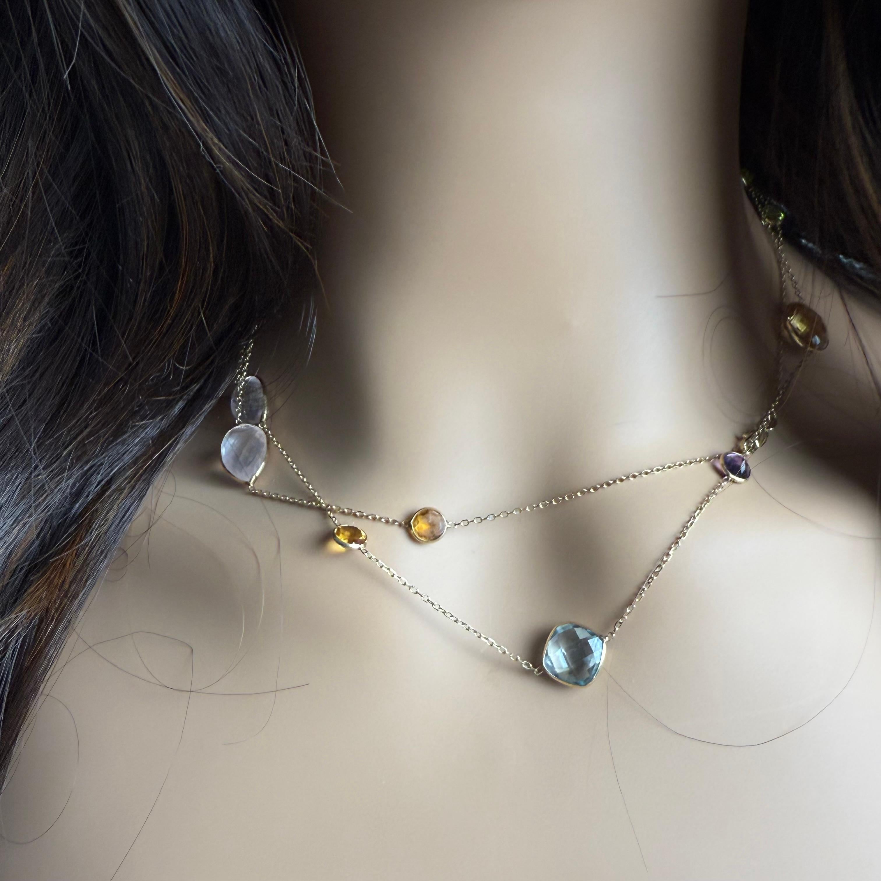 14K Yellow Gold 34 Inch Long Multi Gem-Set Station Necklace For Sale 5