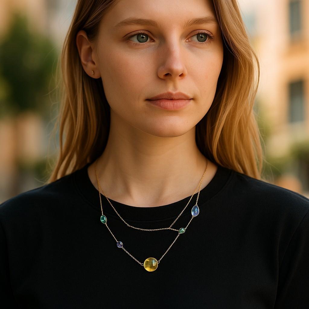 Infuse your jewelry collection with joyful color and effortless elegance with this 14K Yellow Gold Multi-Gemstone Station Necklace. A vibrant array of bezel-set gemstones—Peridot, Amethyst, Garnet, Prasiolite, Topaz, Rose Quartz, and Citrine—are
