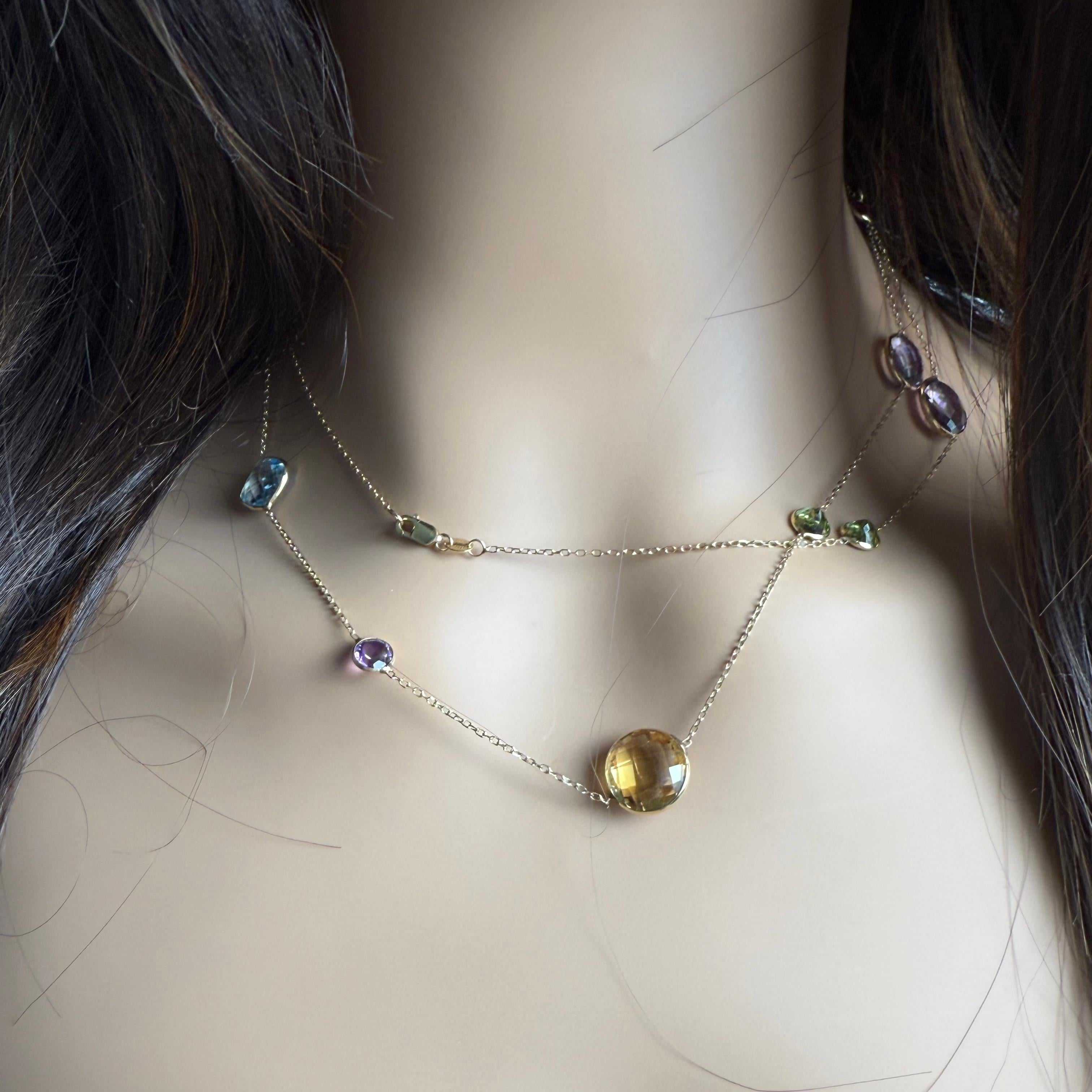 Modern 14K Yellow Gold 34 Inch Long Multi Gem-Set Station Necklace For Sale