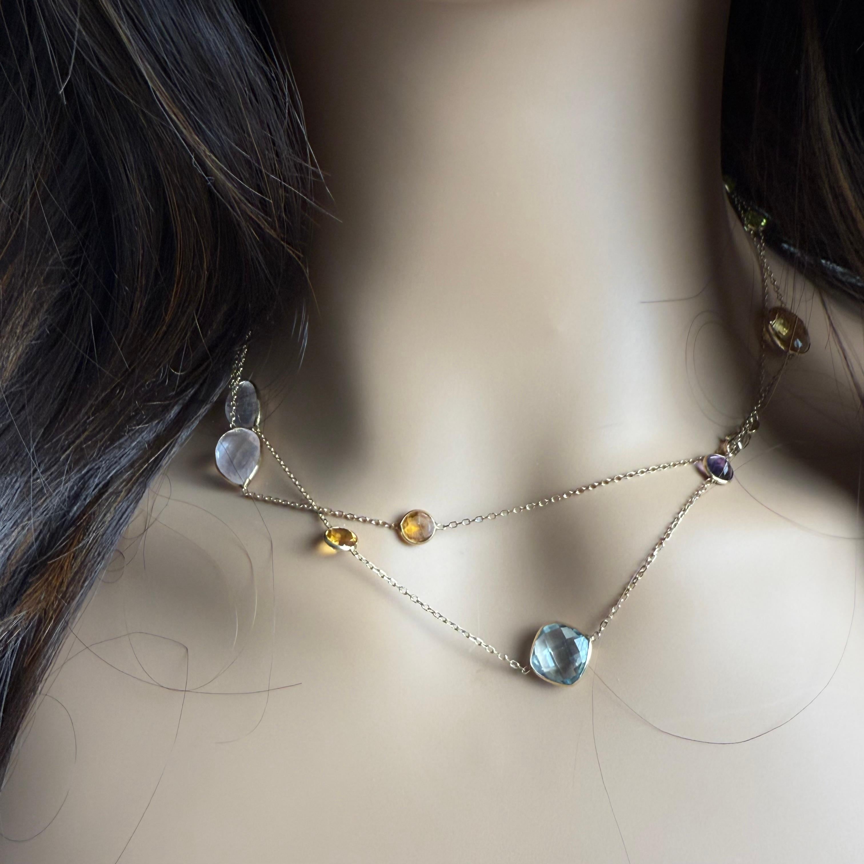 Pear Cut 14K Yellow Gold 34 Inch Long Multi Gem-Set Station Necklace For Sale
