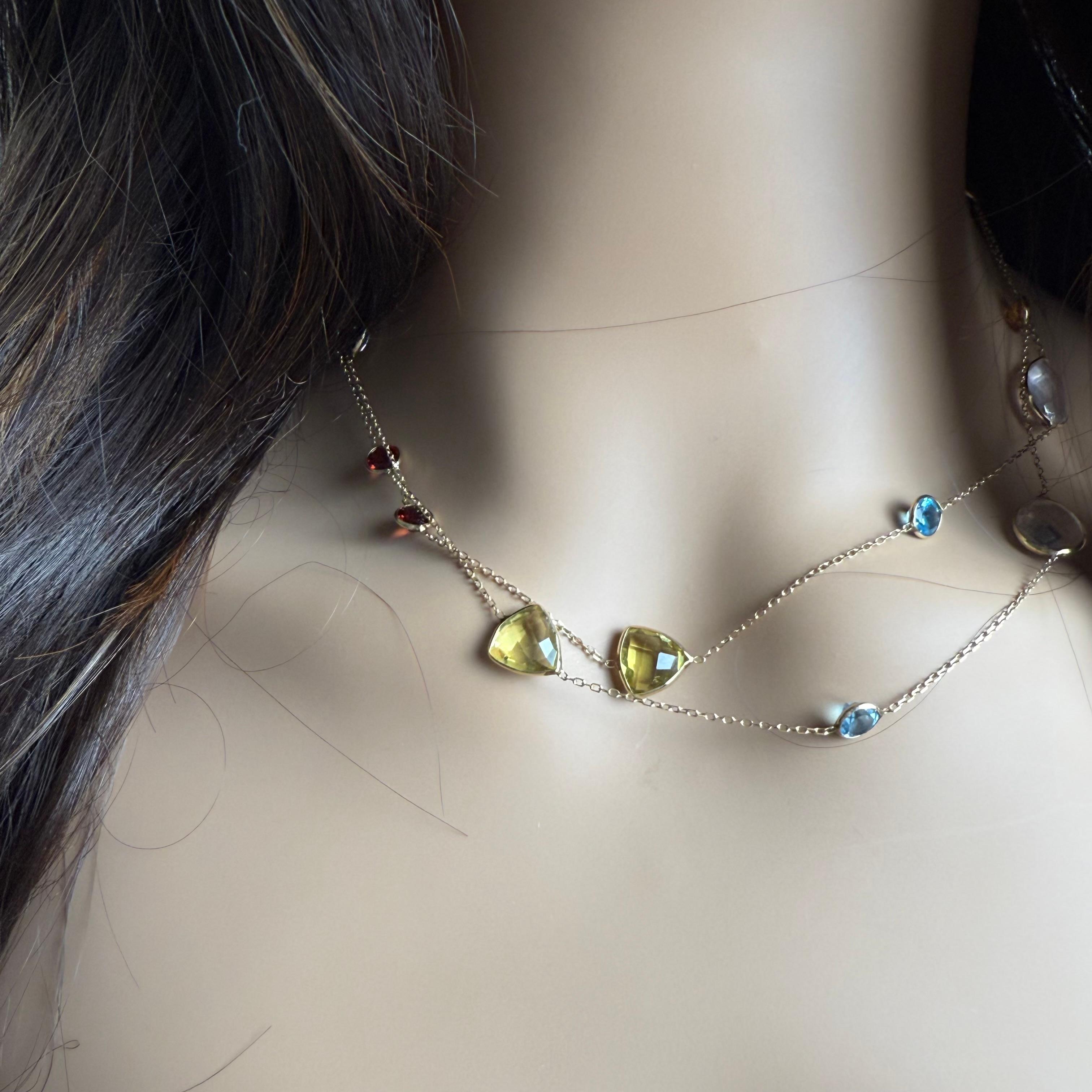 14K Yellow Gold 34 Inch Long Multi Gem-Set Station Necklace For Sale 2
