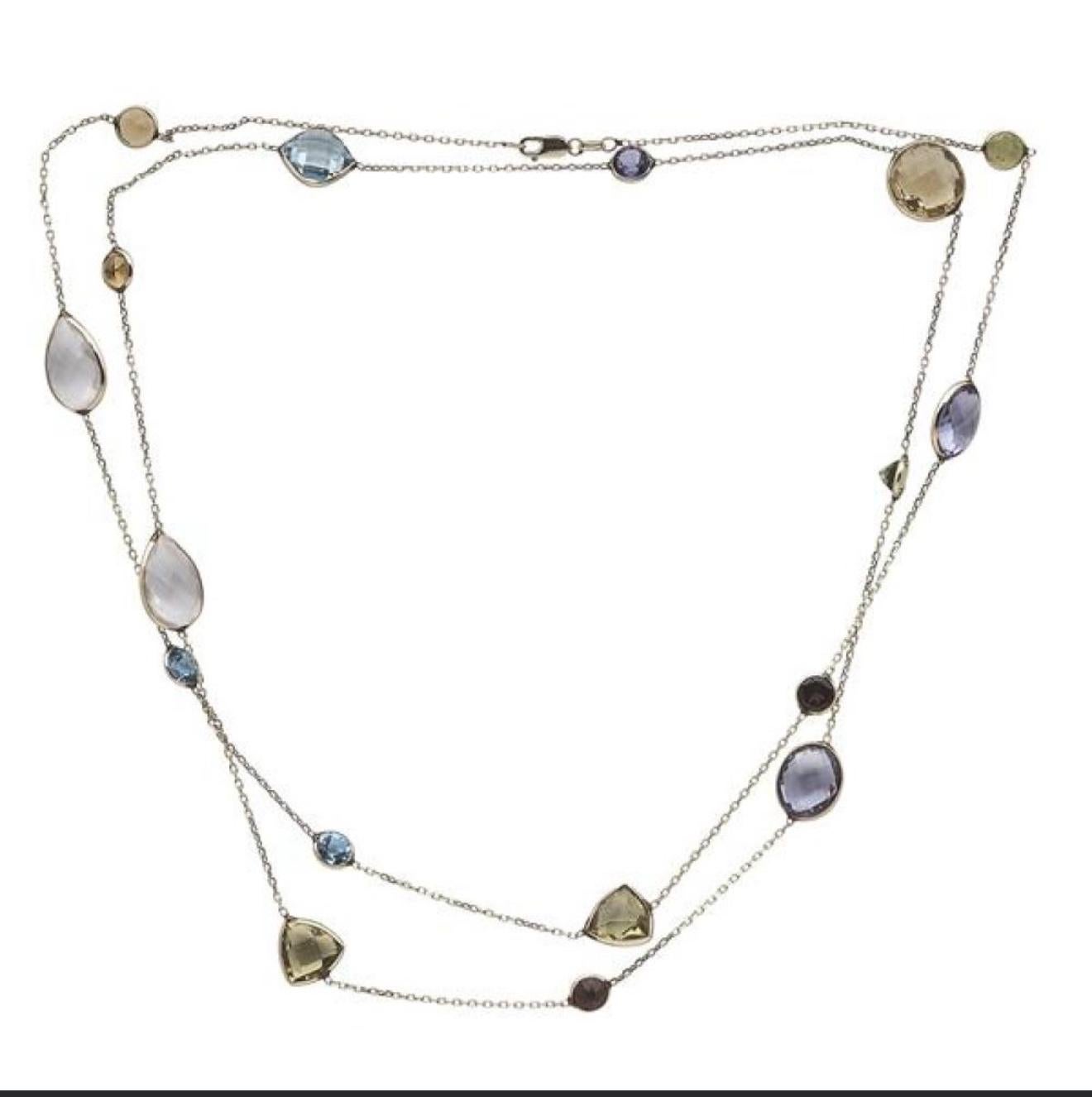 14K Yellow Gold 34 Inch Long Multi Gem-Set Station Necklace For Sale 3