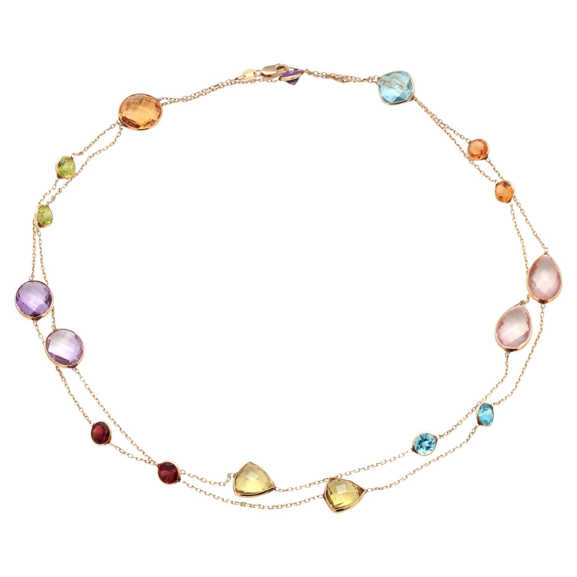 14K Yellow Gold 34 Inch Long Multi Gem-Set Station Necklace For Sale