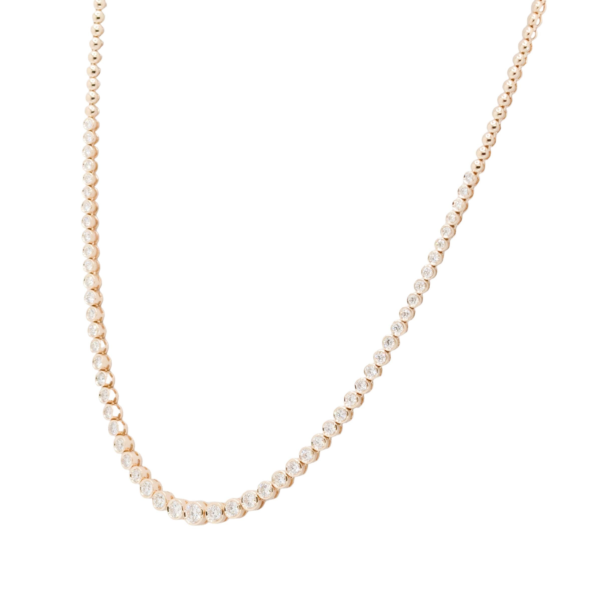 This 14k yellow gold Natural Round Diamond Bezel-set Round Tennis Necklace exudes timeless sophistication. This necklace, adorned with 3.40 carats of magnificent diamonds, boasts bright G to H color and stunning SI clarity stones. The diamonds are