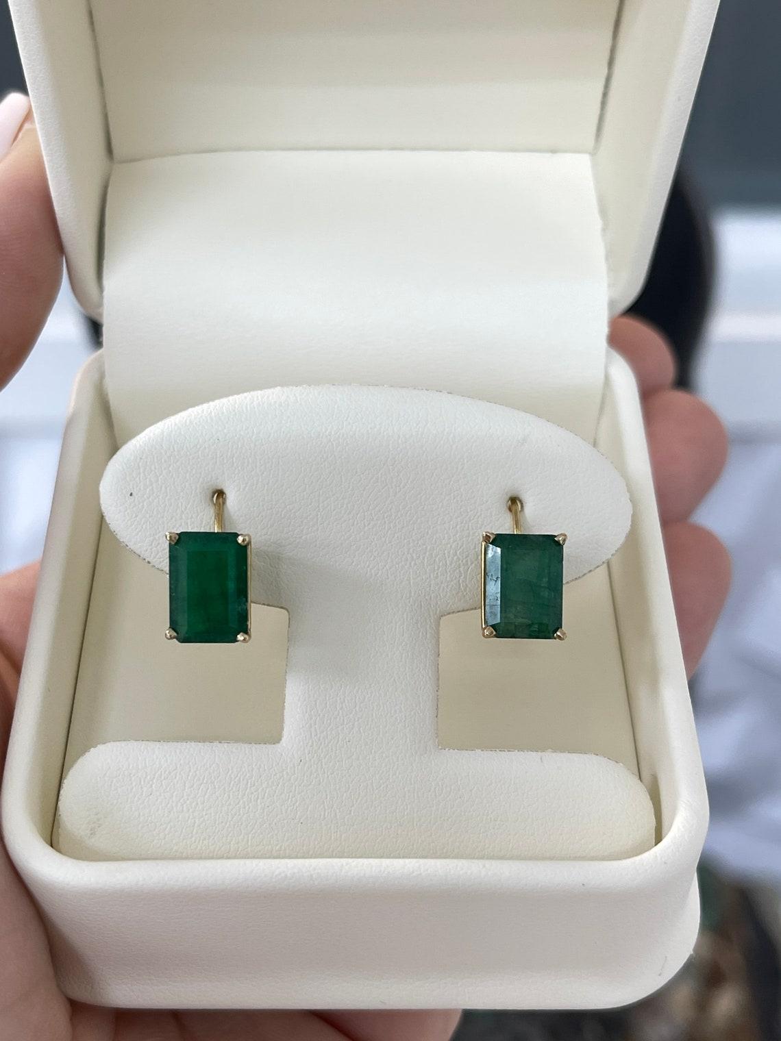 Women's 14K Yellow Gold 3.43tcw Dark Rare Green Emerald Cut Natural Emerald Statement For Sale