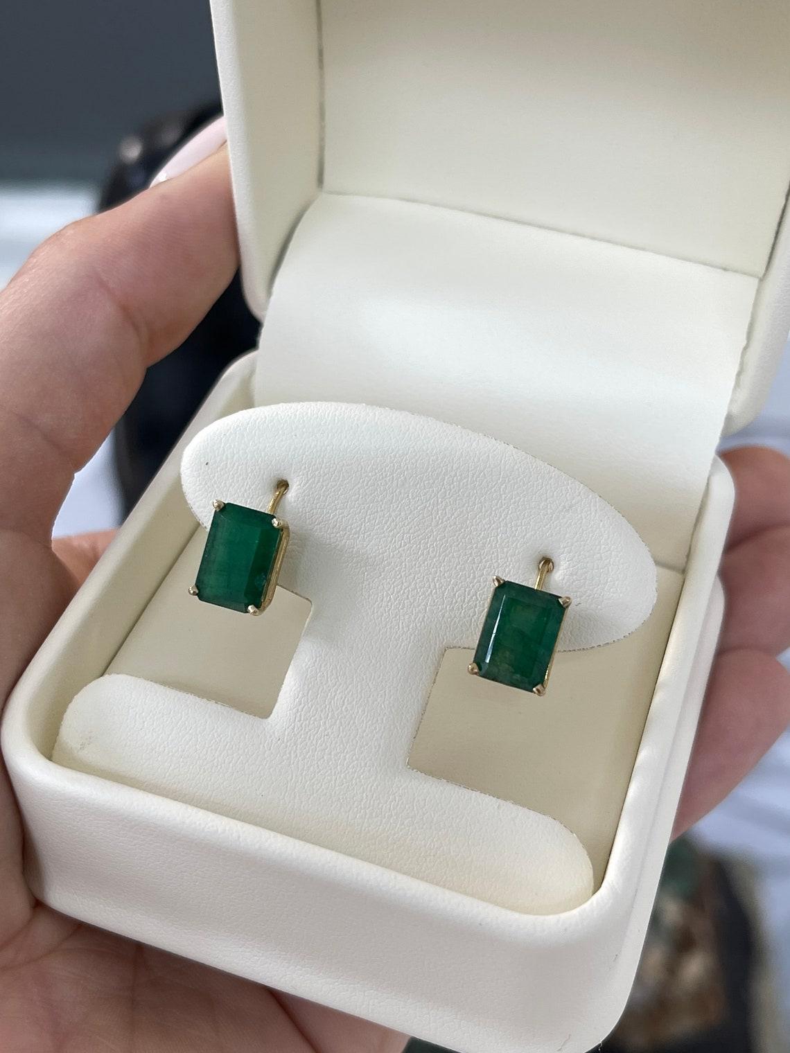 14K Yellow Gold 3.43tcw Dark Rare Green Emerald Cut Natural Emerald Statement For Sale 1