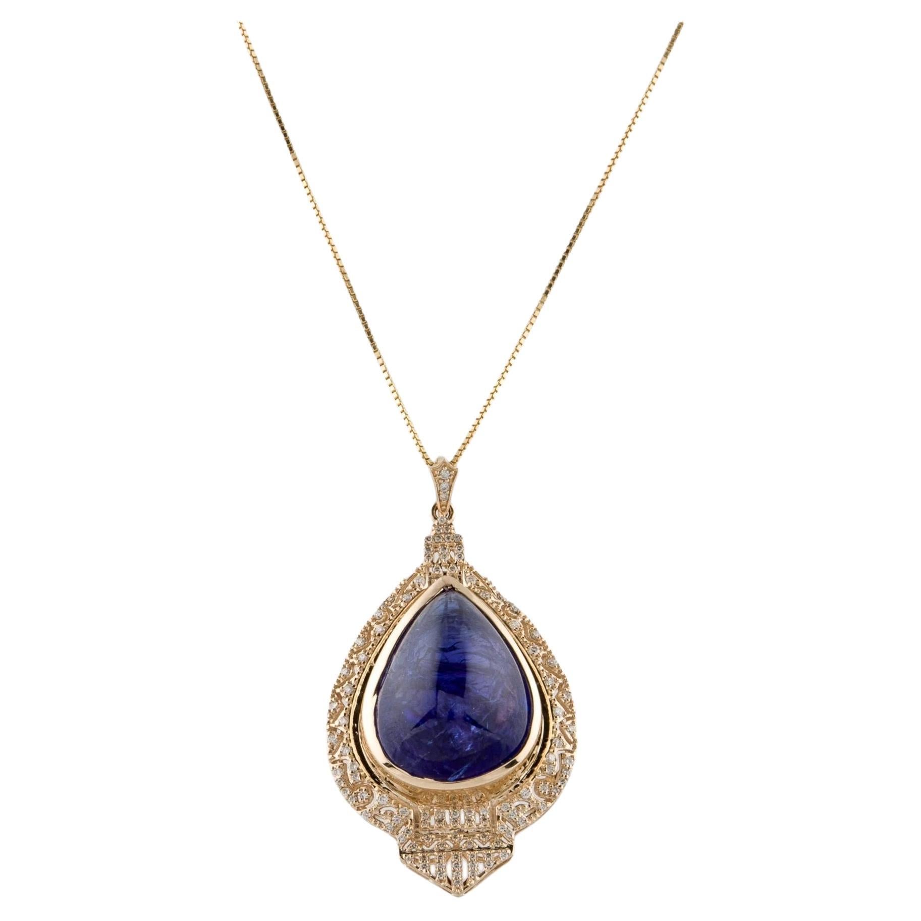 14K Yellow Gold 34.61ct Tanzanite & Diamond Pendant Necklace  Tanzanite Cabocho