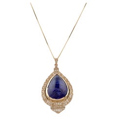 14K Yellow Gold 34.61ct Tanzanite & Diamond Pendant Necklace  Tanzanite Cabocho