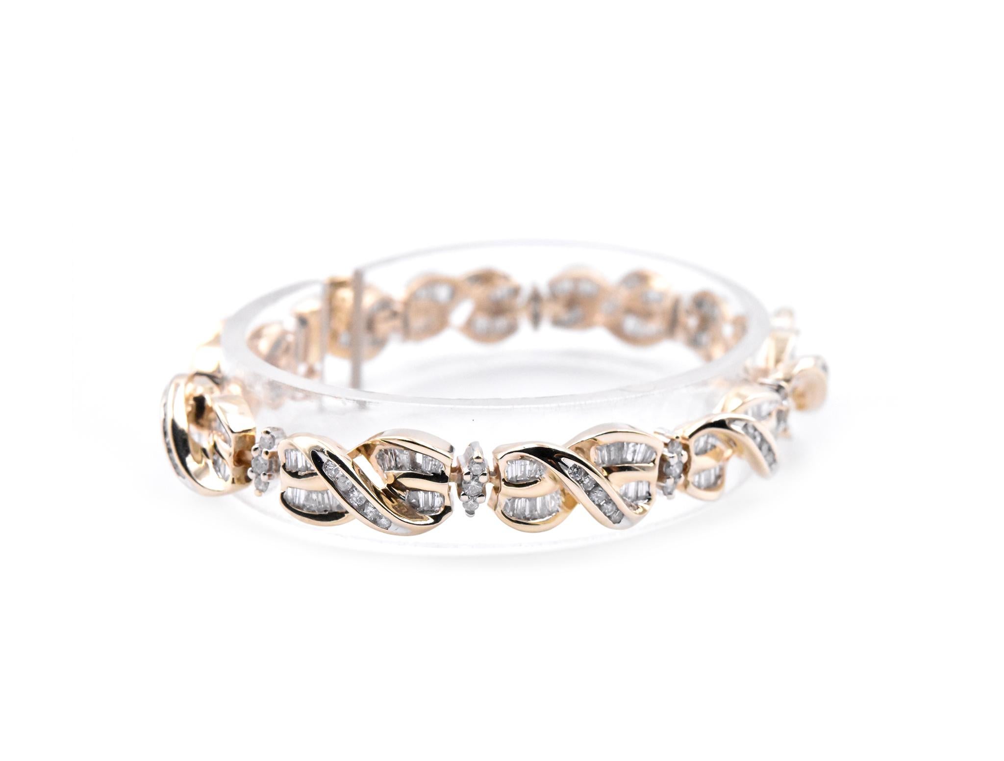 Designer: custom design
Material: 14k yellow gold
Diamonds: 3.50cttw
Color: G-I
Clarity: SI2-I1
Dimensions: bracelet measures 7-inches long and 8.41mm in width
Weight: 26.26 grams
