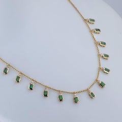 14K Yellow Gold 3.54 Ct Natural Emerald & Diamond Bezel Drop Fringe Necklace