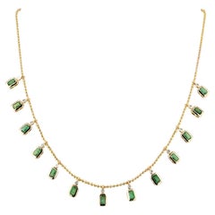 14K Yellow Gold 3.54 Ct Natural Emerald & Diamond Bezel Drop Fringe Necklace