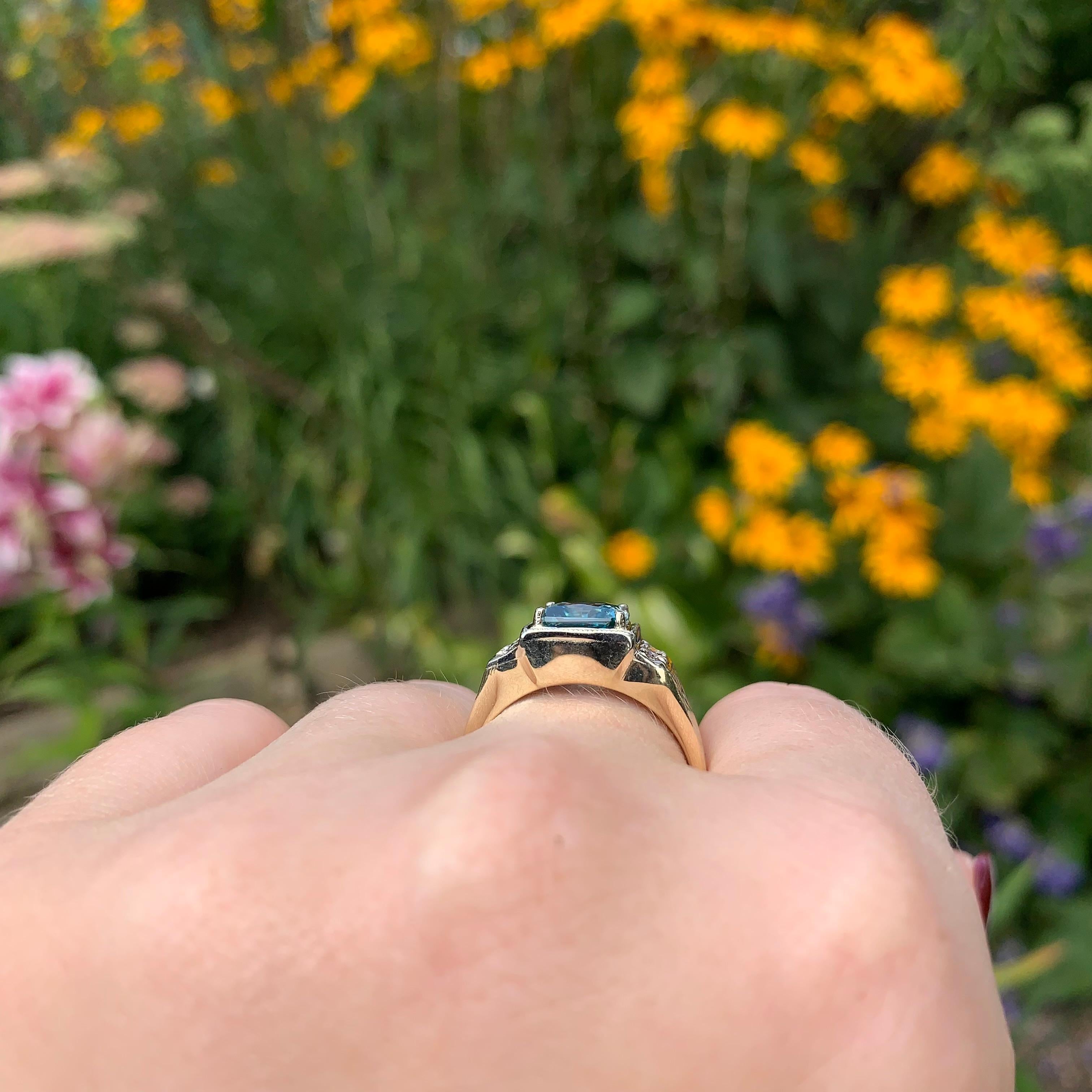 14K Gelbgold 3,55 Karat Blauer Zirkon Herrenring mit Diamanten Größe 8,75 4