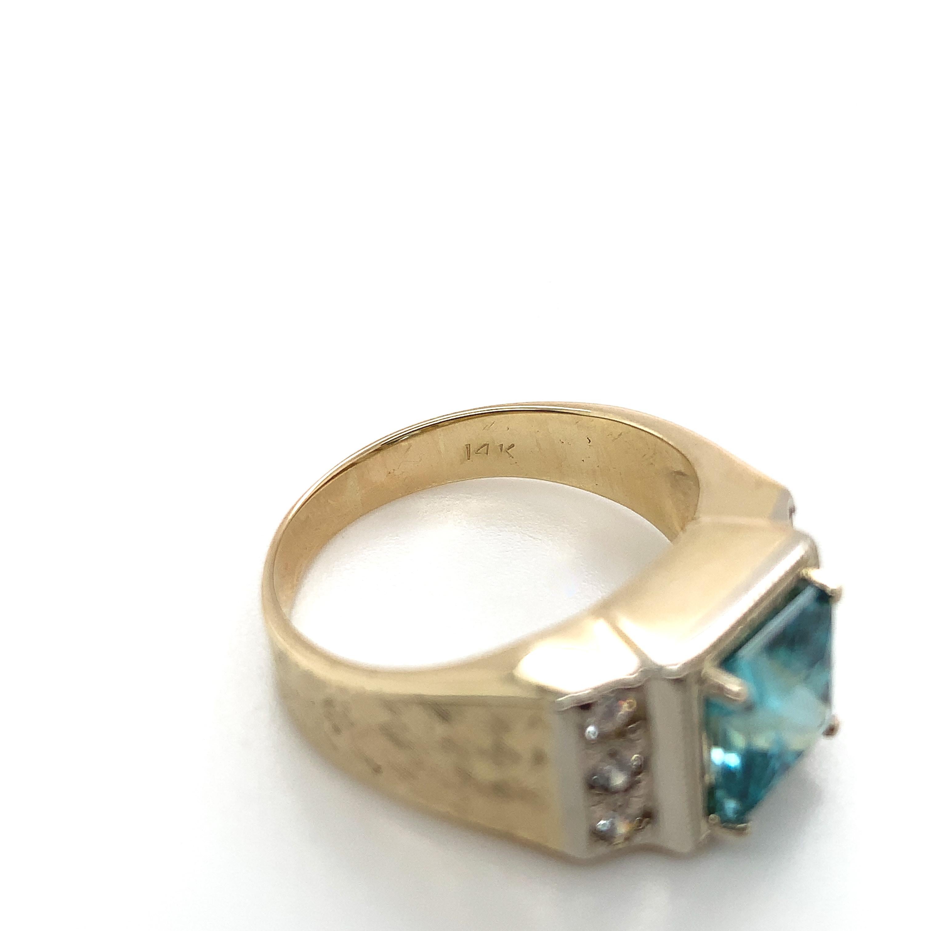 14K Gelbgold 3,55 Karat Blauer Zirkon Herrenring mit Diamanten Größe 8,75 5