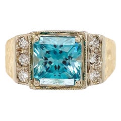 14K Gelbgold 3,55 Karat Blauer Zirkon Herrenring mit Diamanten Größe 8,75