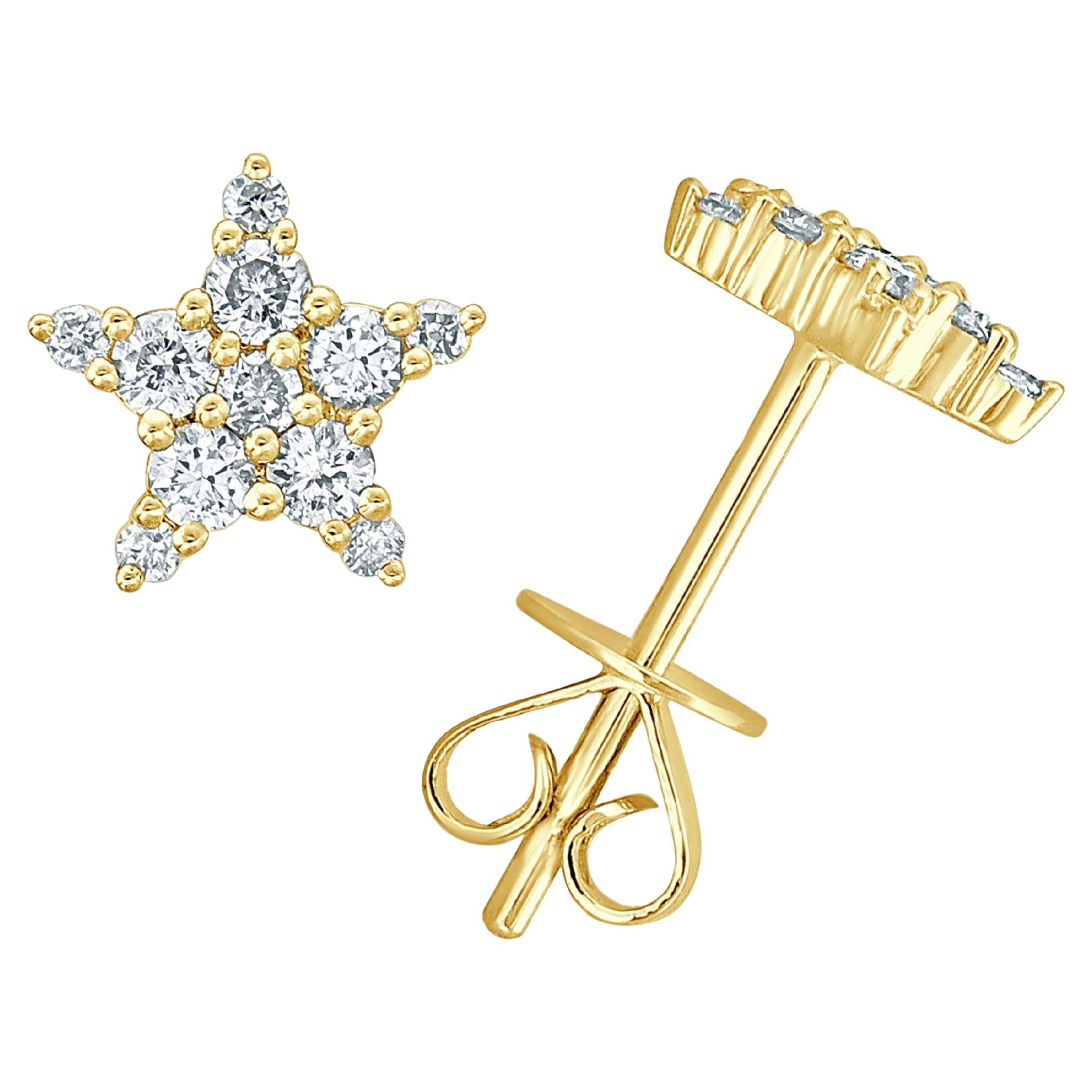 Clous d'oreilles étoile en or jaune 14 carats avec diamants de 0,35 carat pour elle en vente