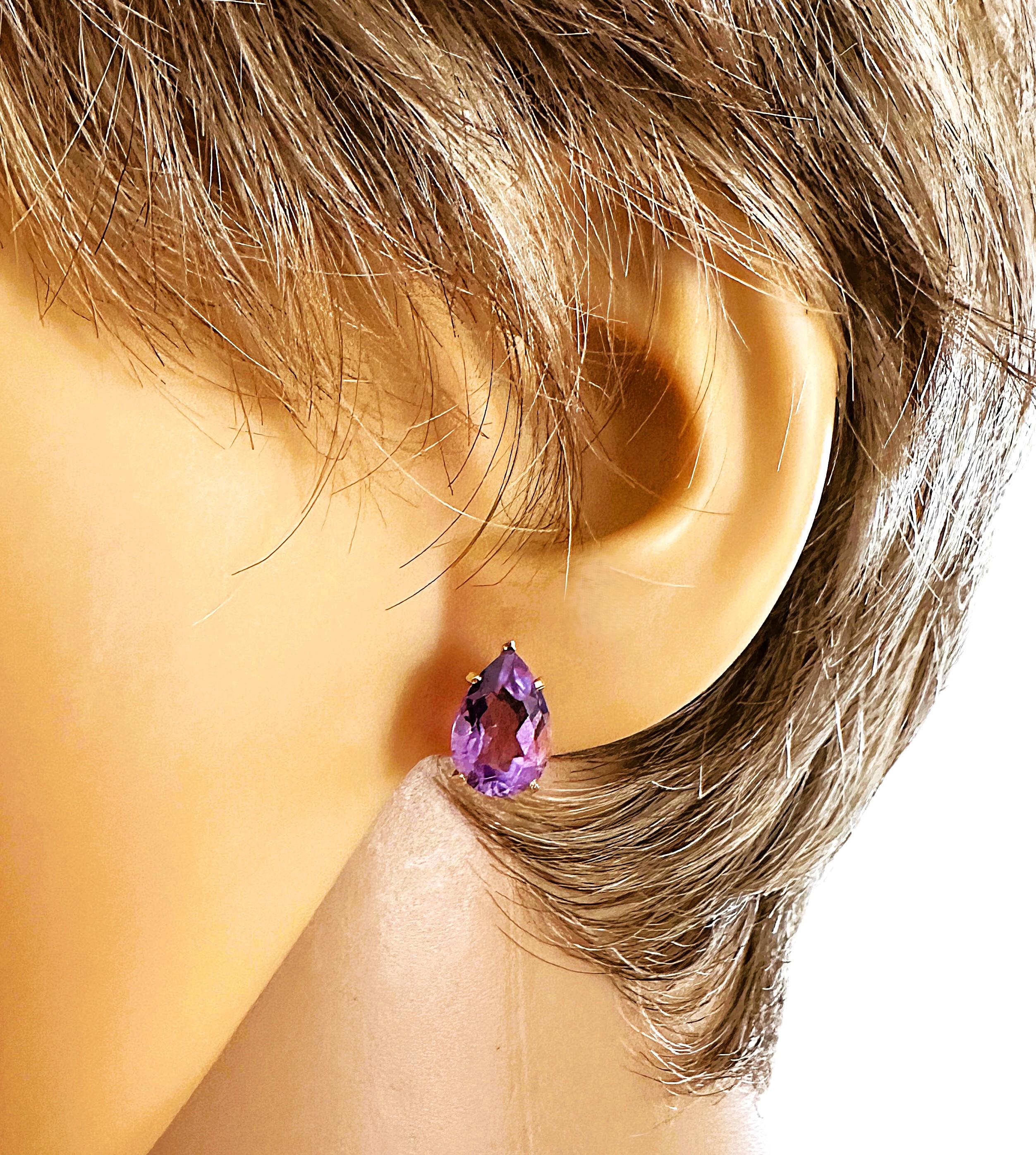 14k Gelbgold  3,6 Karat Violett Amethyst-Ohrstecker im Birnenschliff 2