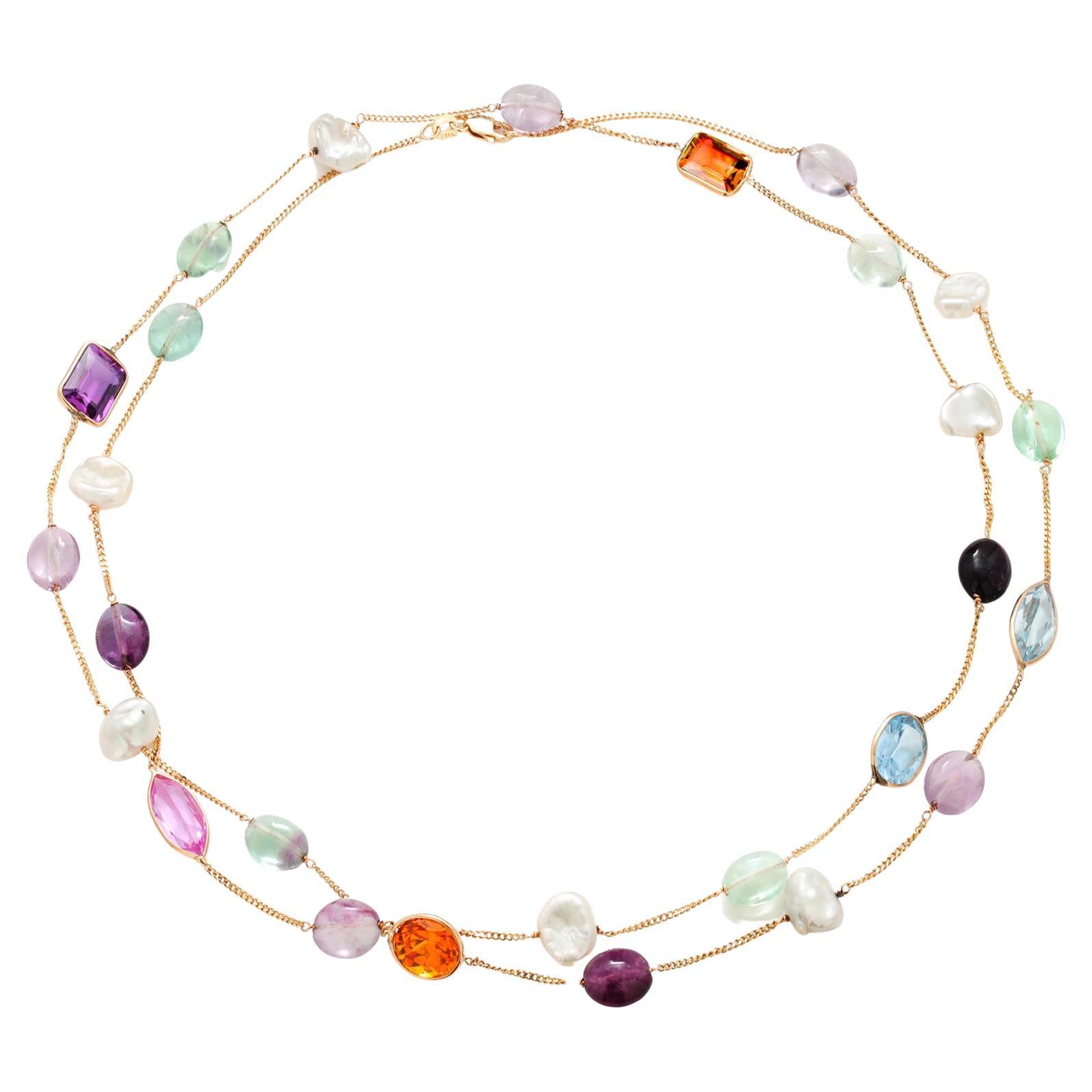 14K Gelbgold 36" Perle und Multi-Edelsteine Schichtung Halskette im Angebot