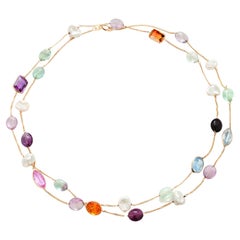 14K Gelbgold 36" Perle und Multi-Edelsteine Schichtung Halskette
