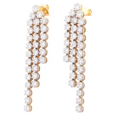 14K Yellow Gold 3.66 Cts Round Natural Diamond Triple-Row Tassel Earrings