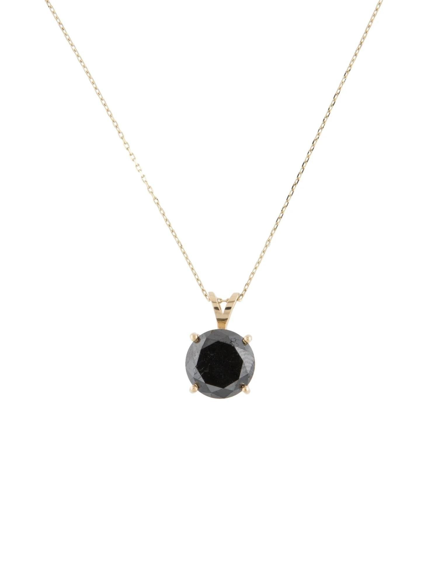 Round Cut 14K Yellow Gold 3.68ct Black Diamond Solitaire Pendant Necklace For Sale