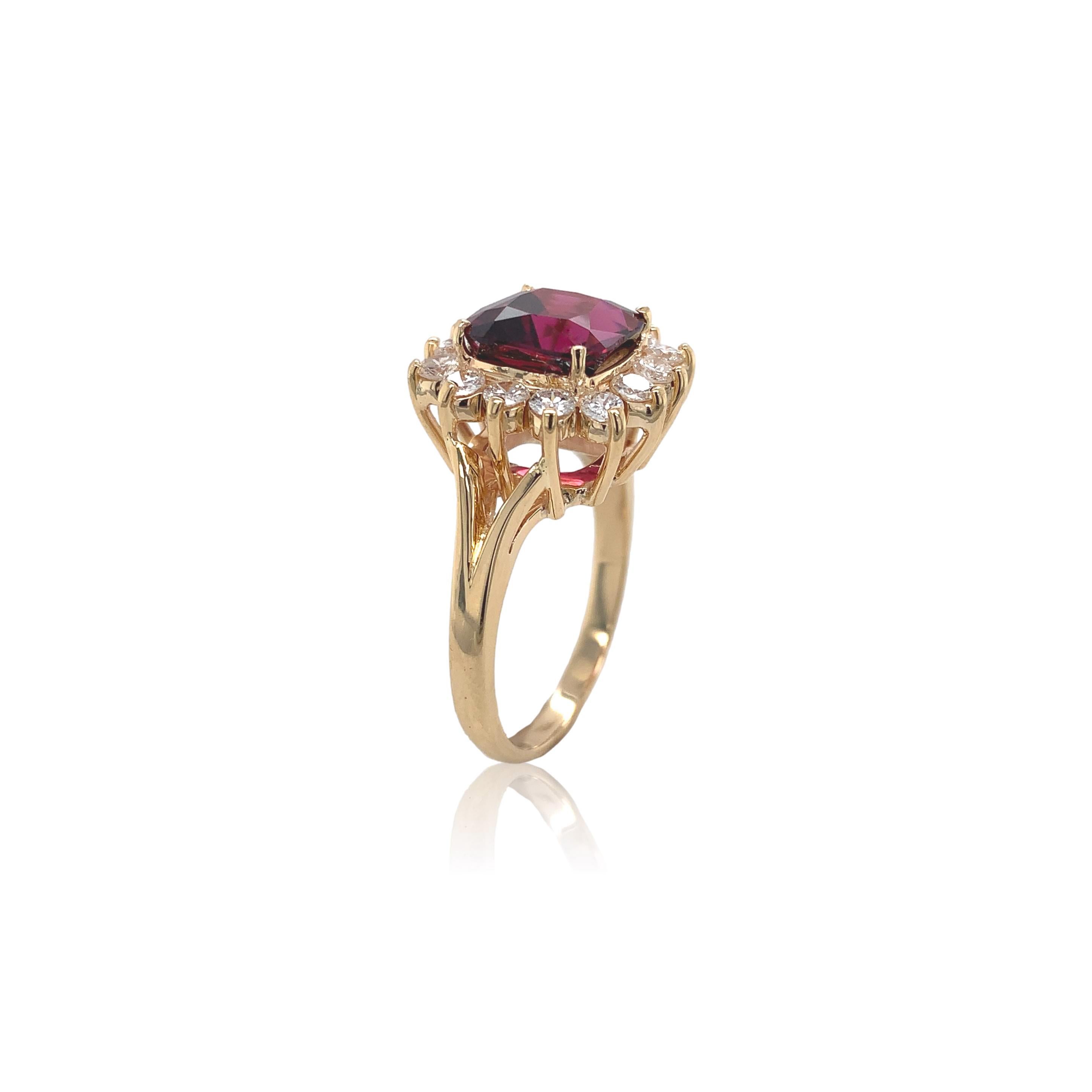 Contemporary 14K Yellow Gold 3.75 carat Garnet Ring with Diamond Halo