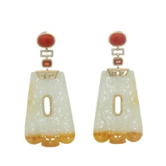 14K Yellow Gold 38.26Ct Jade Drop Earrings with Fancy Sapphires & Garnet Accents