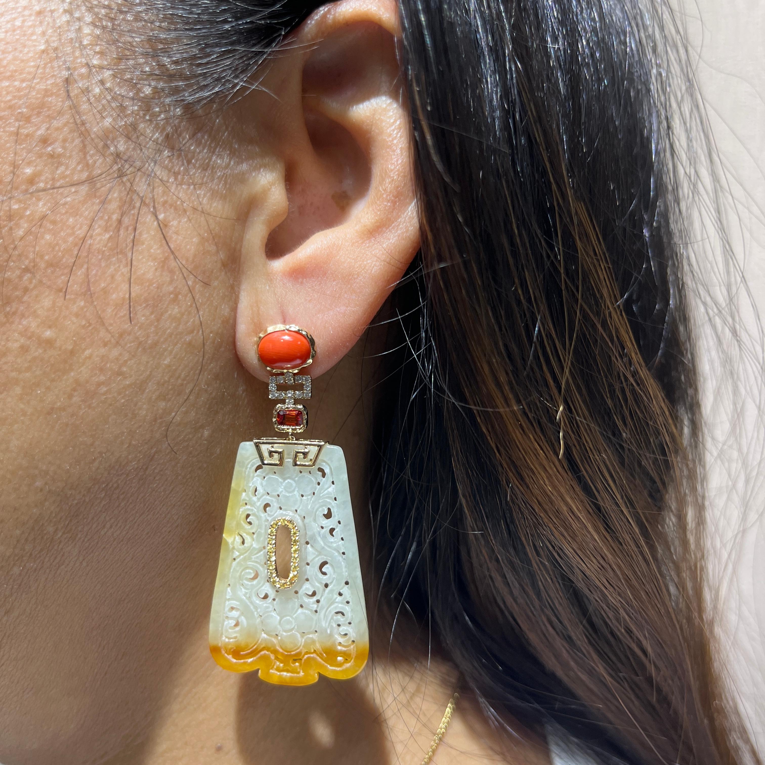 Women's 14K Yellow Gold 38.26Ct Jade Drop Earrings with Fancy Sapphires & Garnet Accents For Sale