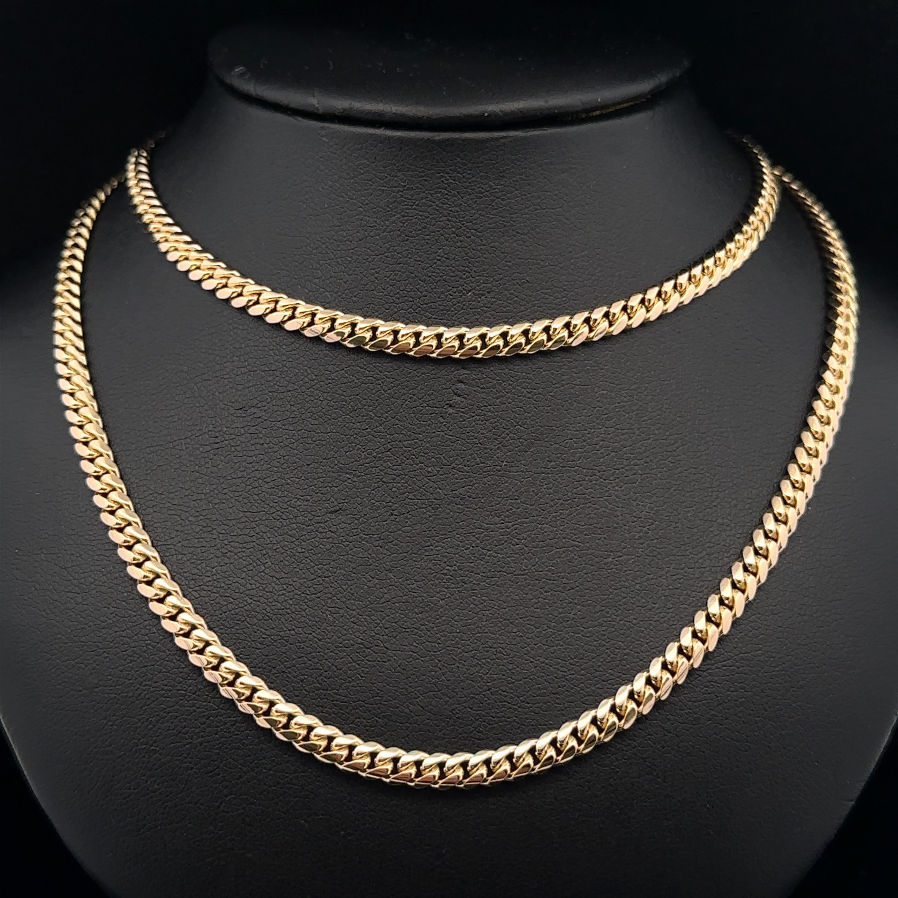 Material: Solid 14K Yellow Gold
Weight: 31.38 Grams
Chain Type: Cuban Link Chain 
Chain Length: 24