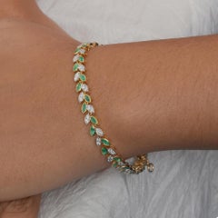 14K Yellow Gold 3.97 Ct Green & White Diamond Marquise Leaf Tennis Bracelet