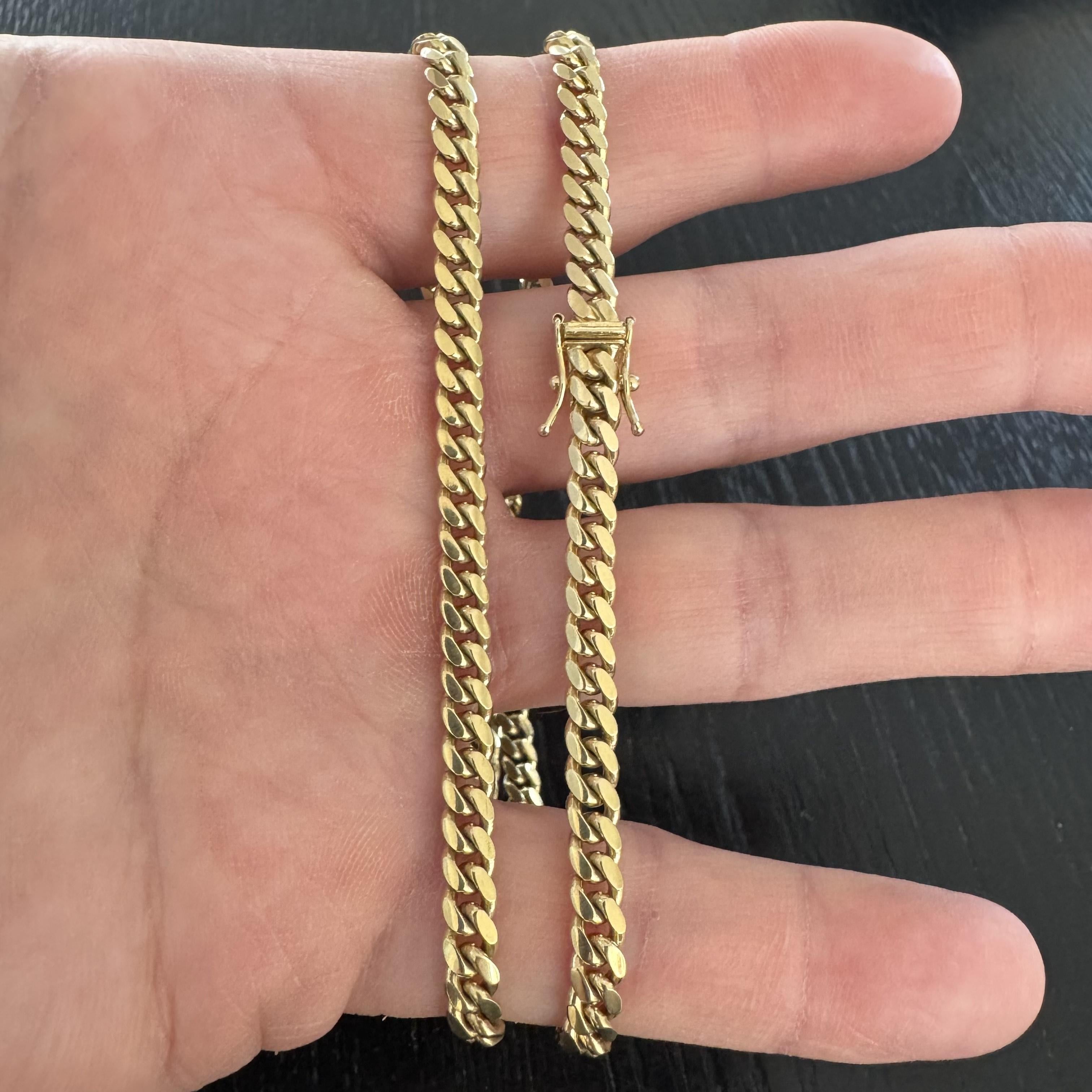 Condition:  Excellent Condition, Professionally Cleaned and Polished
Metal:  14k Gold (Marked, and Professionally Tested)
Weight:  39.7g
Length:  20 Inches
Width:  5mm
Closure:  Box Tab Insert with Two Safety Latches
Markings:  