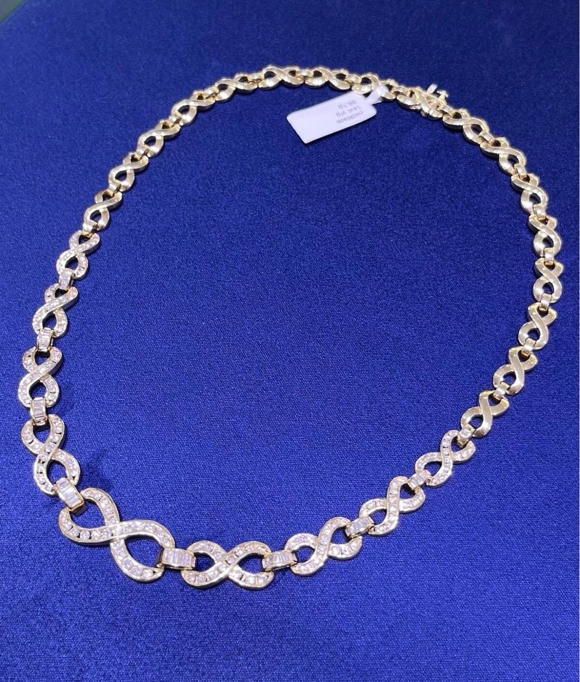 Collana A Link in oro giallo 14k con diamanti tondi e baguette da 3 carati in vendita 7