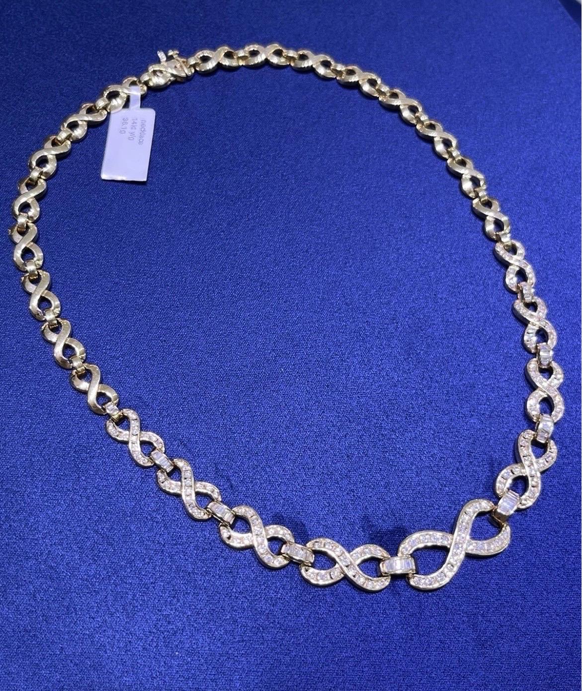 Collana A Link in oro giallo 14k con diamanti tondi e baguette da 3 carati in vendita 8