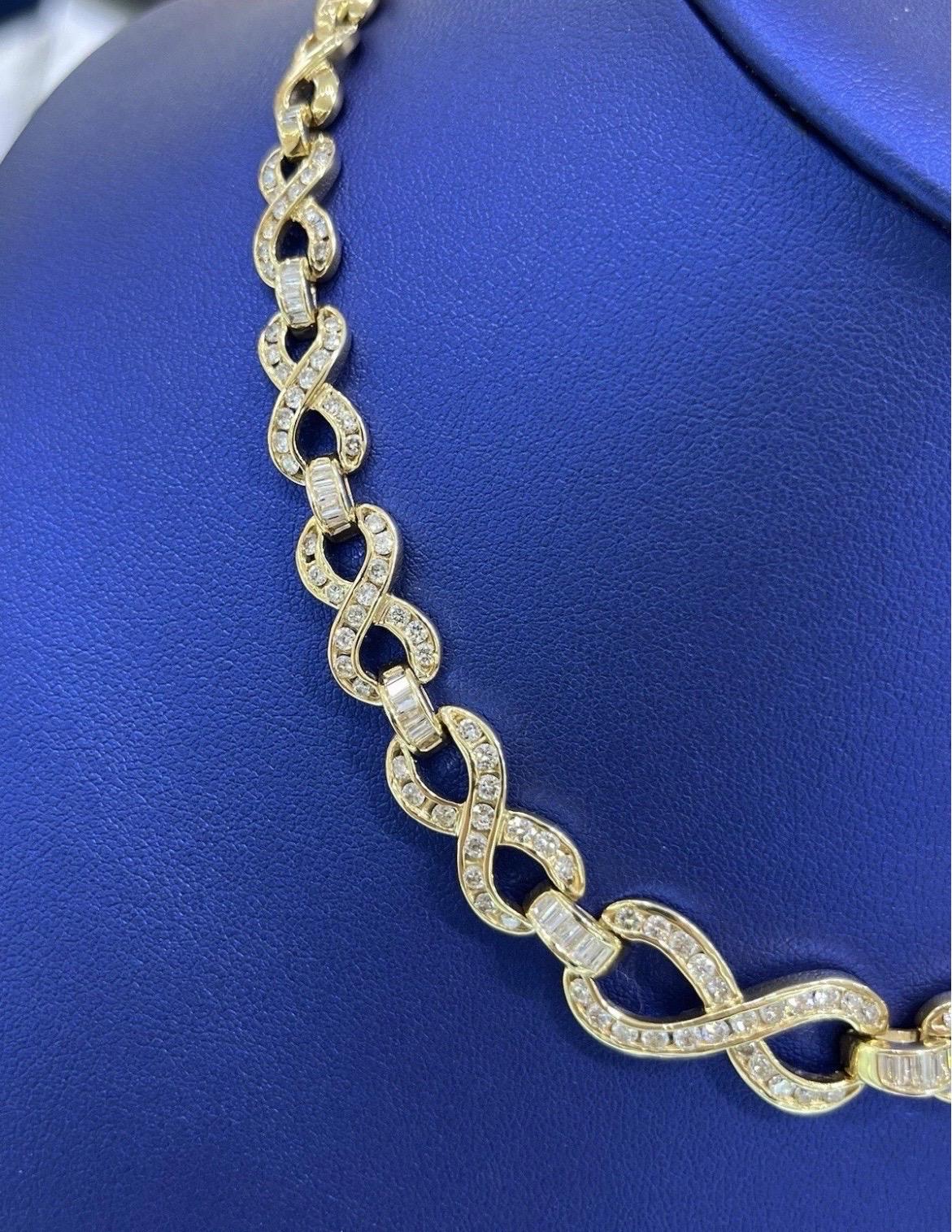 Taglio rotondo Collana A Link in oro giallo 14k con diamanti tondi e baguette da 3 carati in vendita