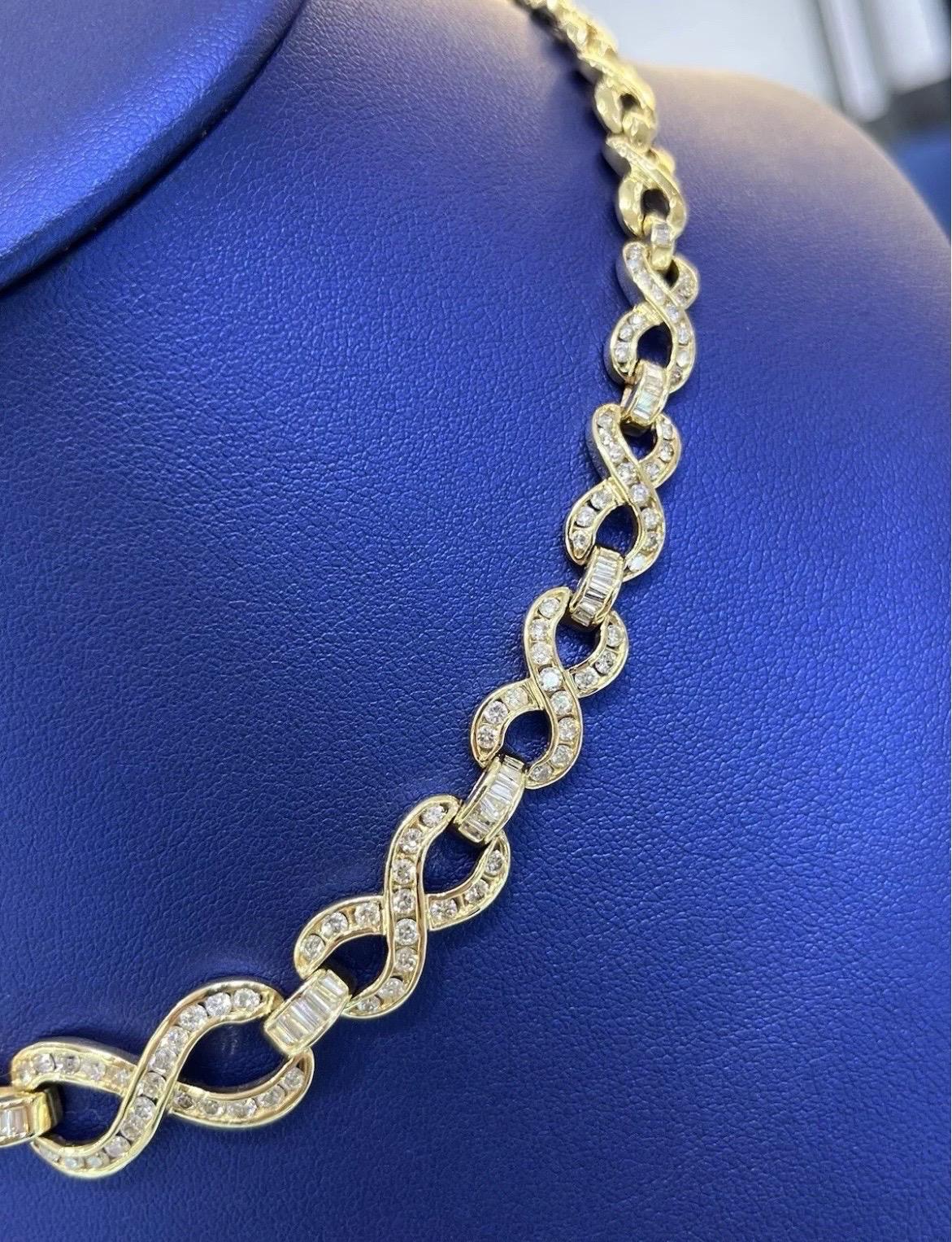 Collana A Link in oro giallo 14k con diamanti tondi e baguette da 3 carati In condizioni buone in vendita a Boca Raton, FL