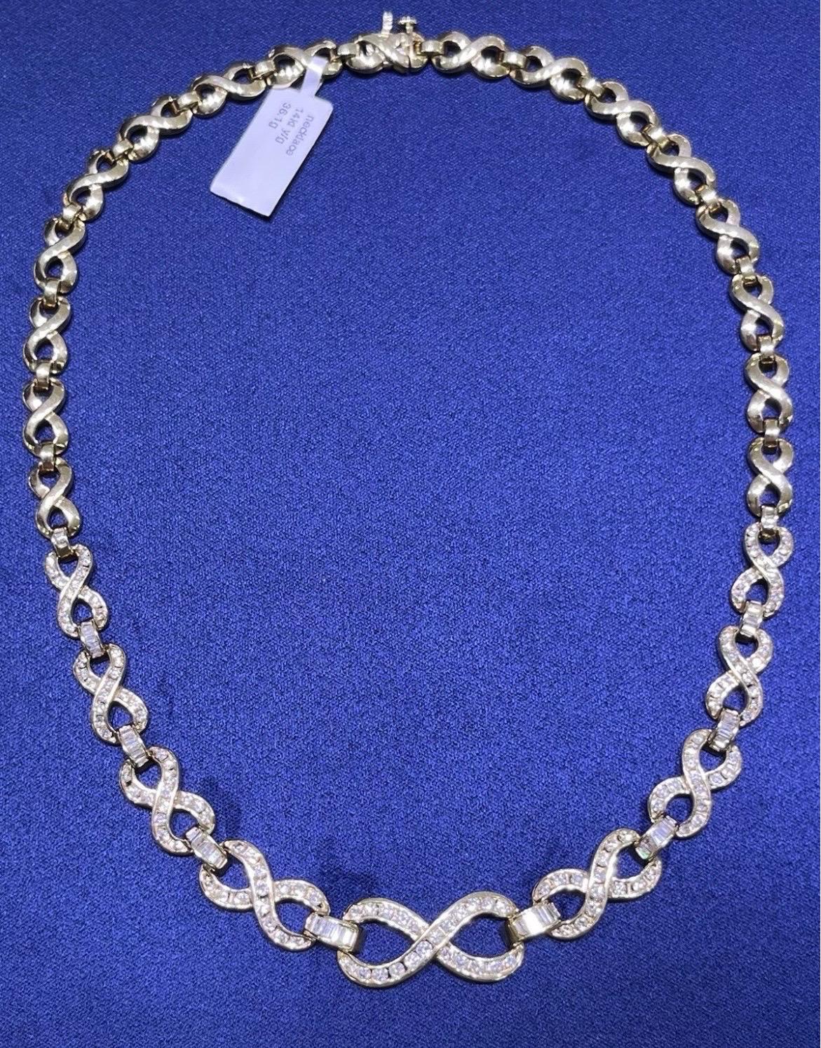 Collana A Link in oro giallo 14k con diamanti tondi e baguette da 3 carati in vendita 3