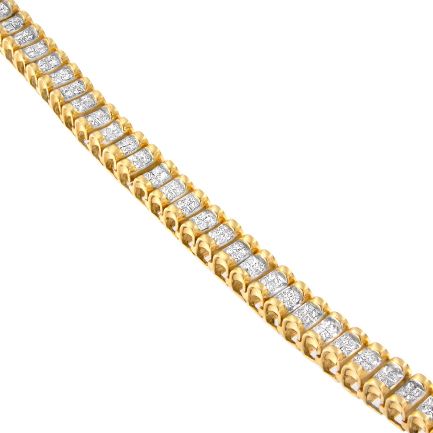 This classic diamond tennis bracelet sparkles with a double row of princess cut diamonds set within square repeating links. Crafted in 14 karat yellow gold, it has a stunning total diamond weight of 3 carats. Bracelet has 204 natural, princess