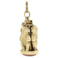 14K Yellow Gold 3D Wise Monkey Coral Perfume Bottle Charm Pendant & Rope Chain