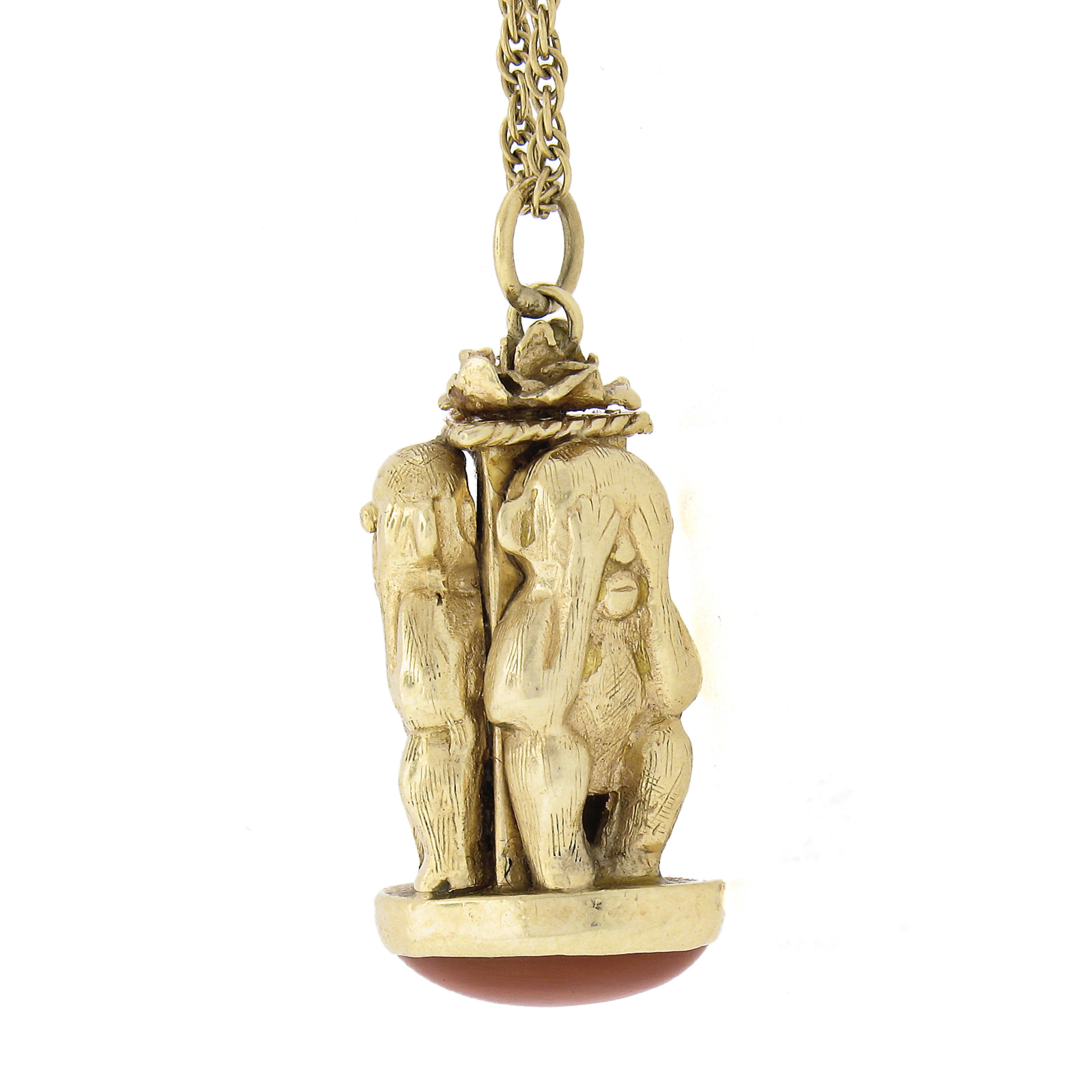 Cabochon 14K Yellow Gold 3D Wise Monkey Coral Perfume Bottle Charm Pendant & Rope Chain