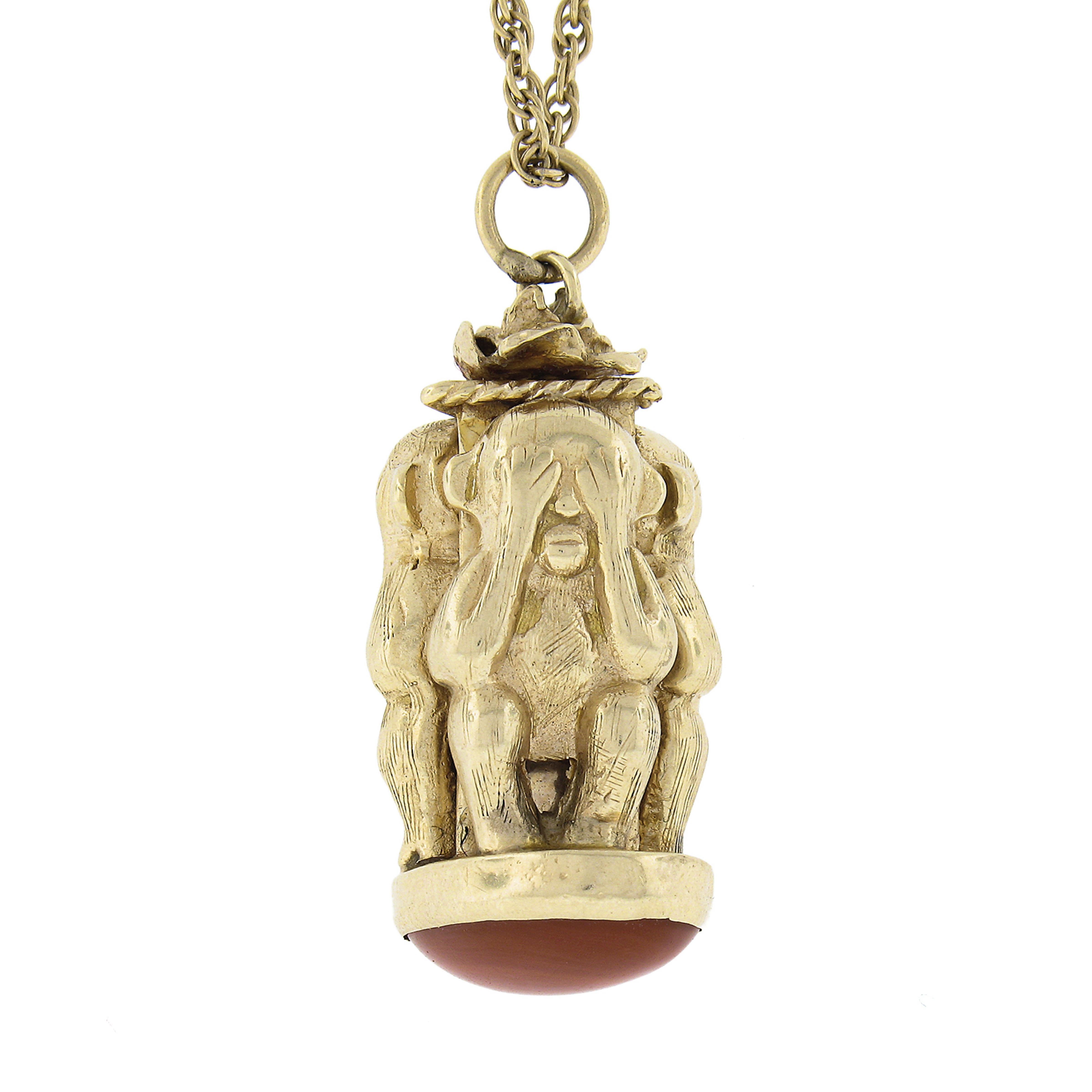 14K Yellow Gold 3D Wise Monkey Coral Perfume Bottle Charm Pendant & Rope Chain In Good Condition In Montclair, NJ
