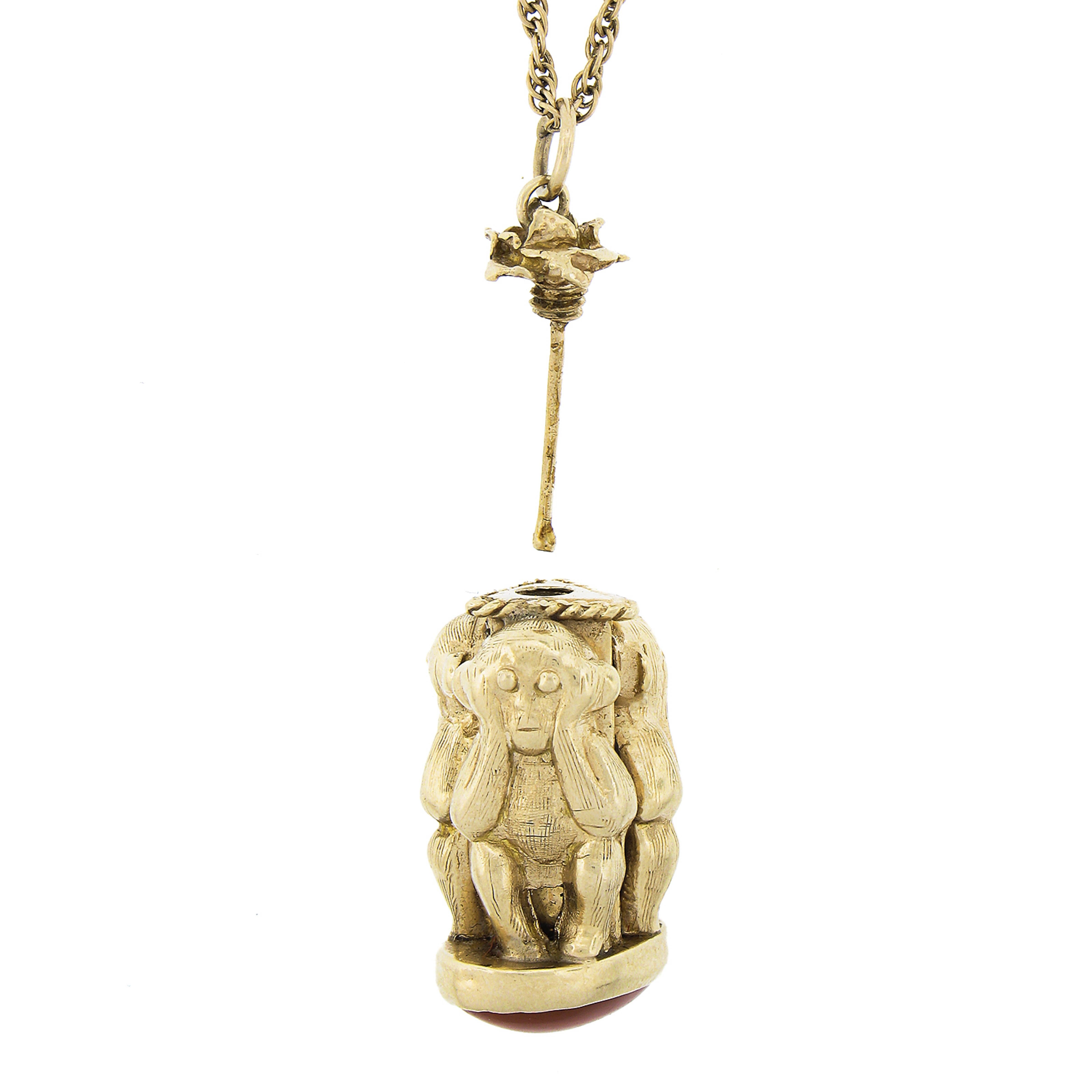 Women's or Men's 14K Yellow Gold 3D Wise Monkey Coral Perfume Bottle Charm Pendant & Rope Chain