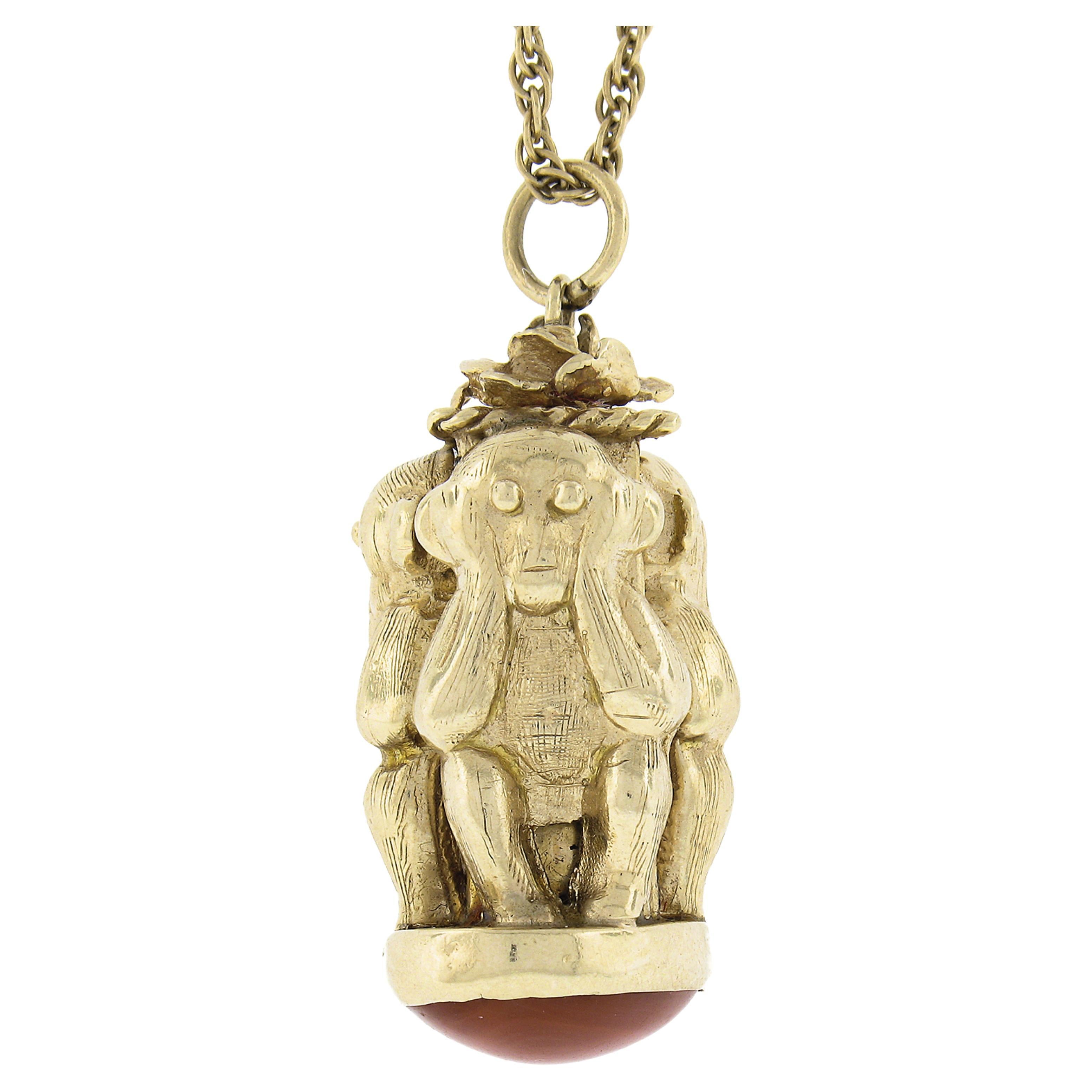 14K Yellow Gold 3D Wise Monkey Coral Perfume Bottle Charm Pendant & Rope Chain