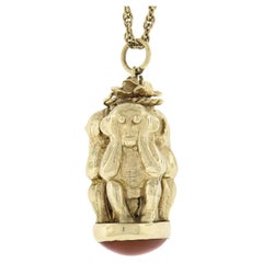 14K Yellow Gold 3D Wise Monkey Coral Perfume Bottle Charm Pendant & Rope Chain