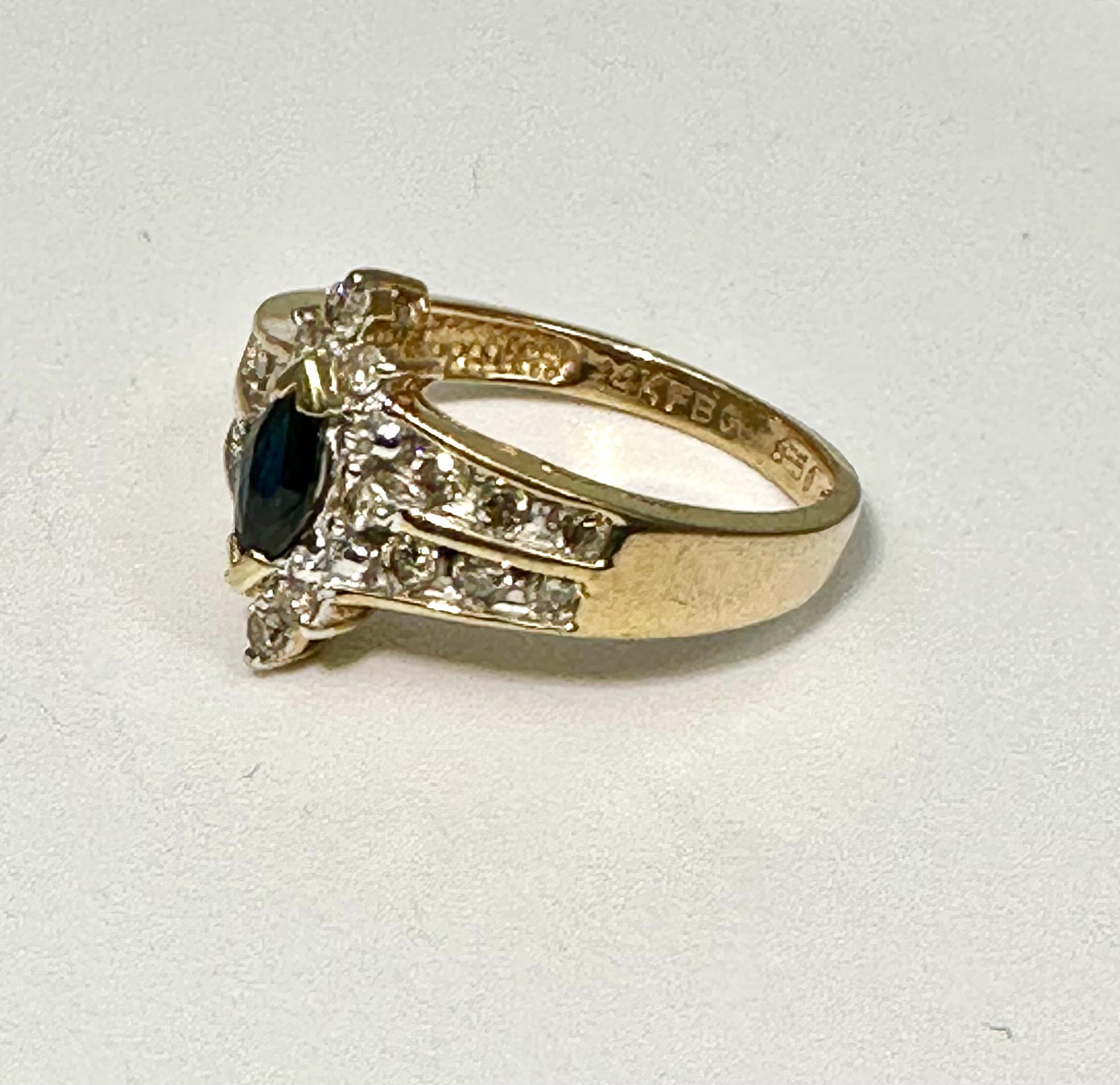 Artist 14k Yellow Gold  3mm x 5mm Marquise Sapphire with 20 Diamonds Ring  Sz 7 1/2 For Sale
